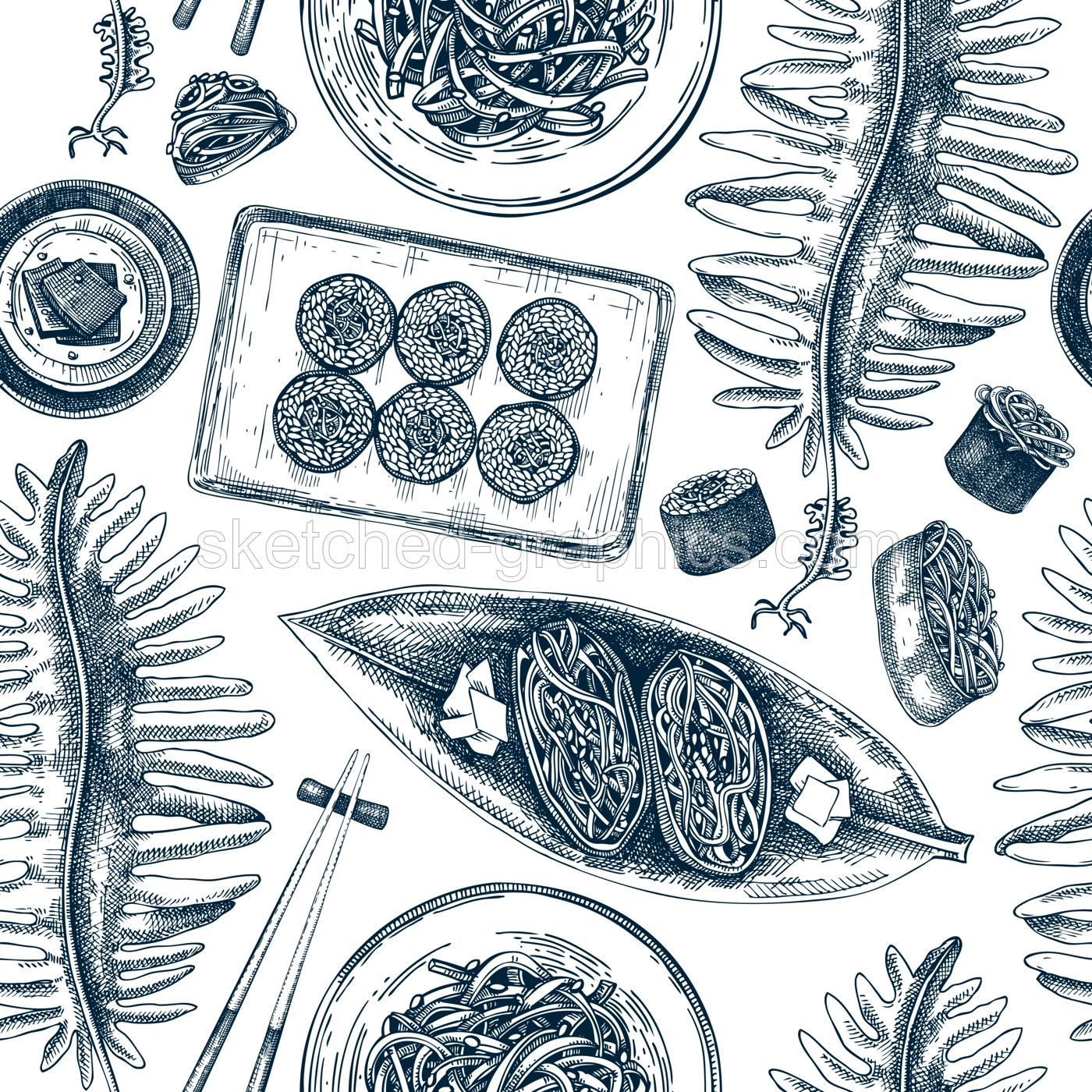 Edible seaweed vector background. Healthy food trends seamless pattern. Hand-drawn wakame algae backdrop. Sea vegetables and seaweeds illustration. Japanese cuisine restaurant menu design or texture Illustration